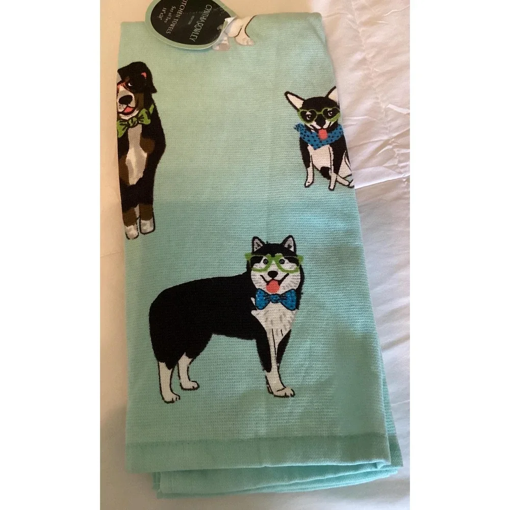 NWT Cynthia Rowley Kitchen‎ Towels, Dogs with Glasses, set of 2